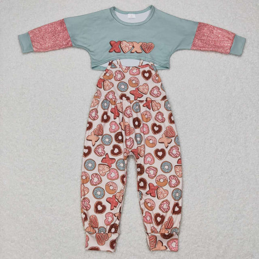 GLP0899 Donut Heart XOXO Print Girls Valentine's Day Jumpsuit Clothes Set