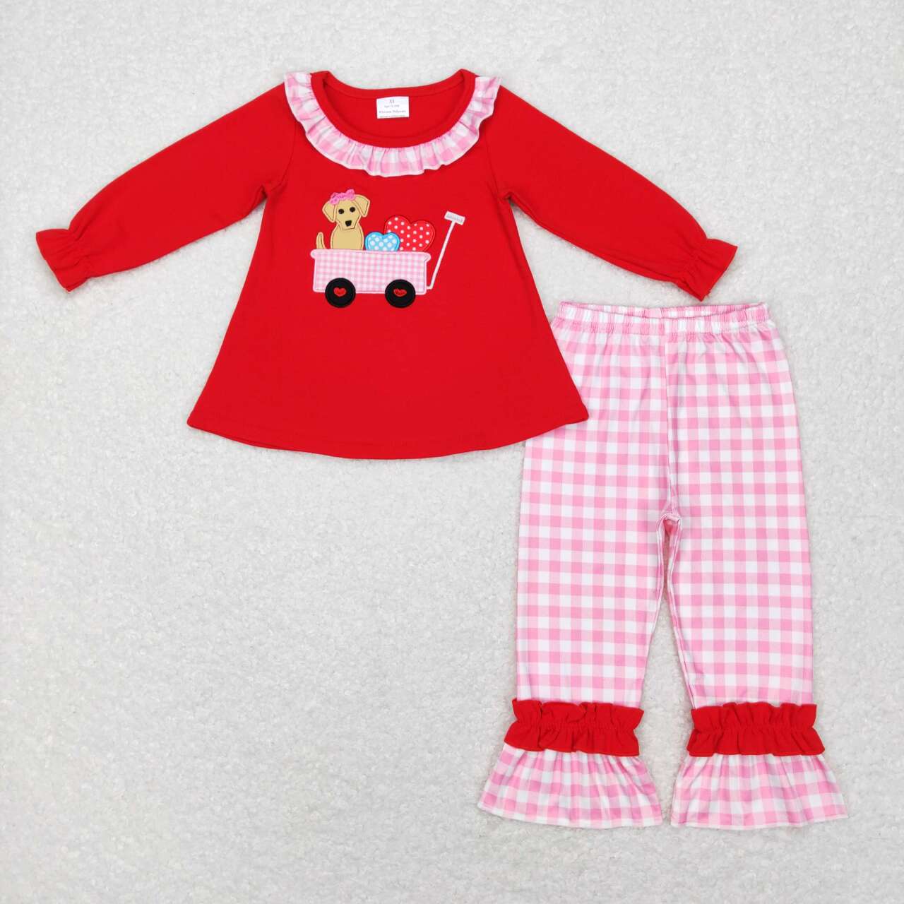 Dog Heart Embroidery Plaid Print Sibling Valentine's Day Matching Clothes