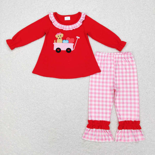 GLP0900 Red Dog Heart Embroidery Top Pink Plaid Pants Girls Valentine's Day Clothes Set