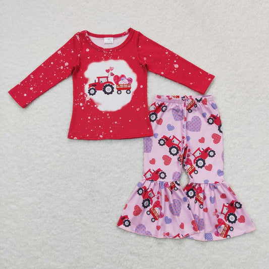 GLP0902 Pink Truck Heart Print Bell Pants Girls Valentine's Day Clothes Set