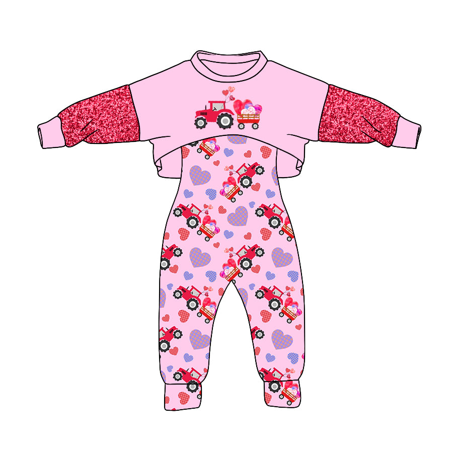 (Pre-order)GLP0903 Pink Truck Heart Print Girls Valentine's Day Jumpsuit Clothes Set