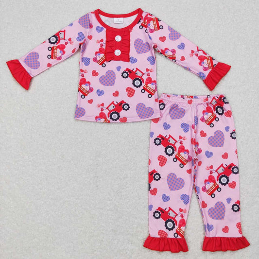 GLP0904 Pink Truck Heart Print Girls Valentine's Day Pajamas Clothes Set