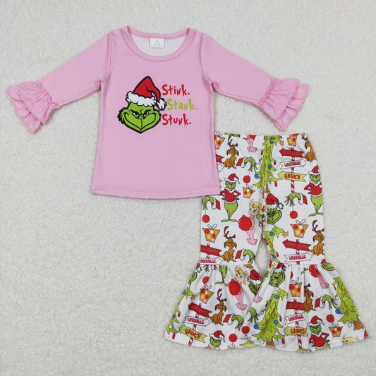 GLP0907 Pink Christmas Frog Face Print Bell Pants Girls Clothes Set