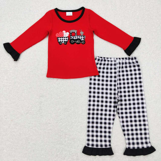 GLP0909 Red Heart Truck Embroidery Print Girls Valentine's Day Pajamas Clothes Set