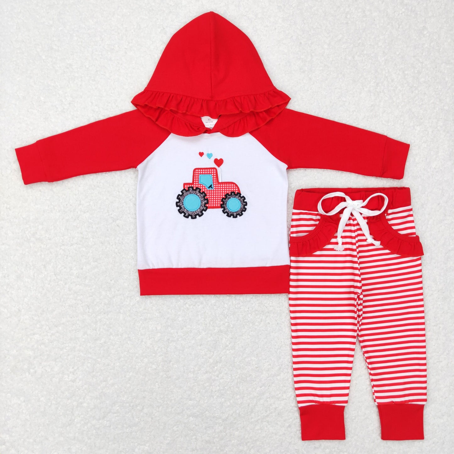 GLP0913 Red Heart Truck Embroidery Print Girls Valentine's Day Hoodie Clothes Set