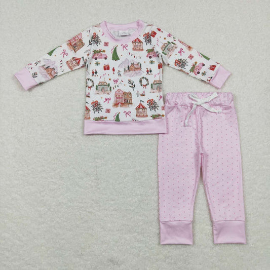 GLP0914 Pink Christmas Small Town Print Girls Pajamas Clothes Set