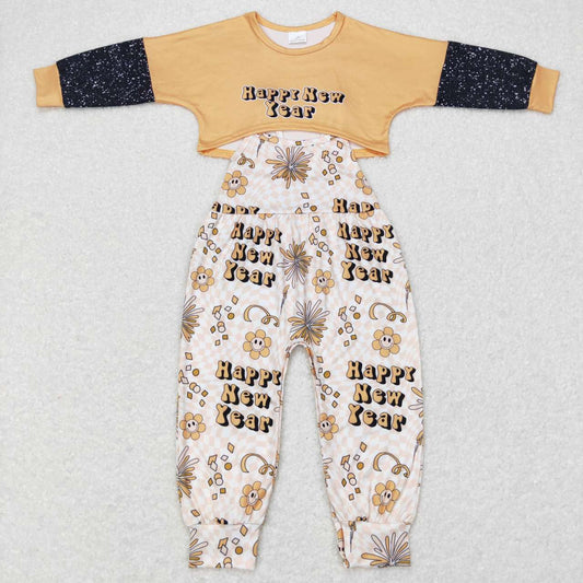 GLP0917 Smiling Face Flowers Happy New Year Girls Jumpsuit Clothes Set