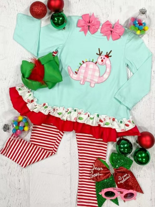 (Pre-order)GLP0919 Dinosaur Print Girls Christmas Clothes Set