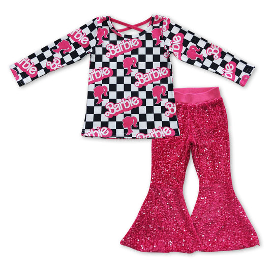 GLP0922 Pink BA Checkered Print Top Sequin Bell Pants Girls Clothes Sets