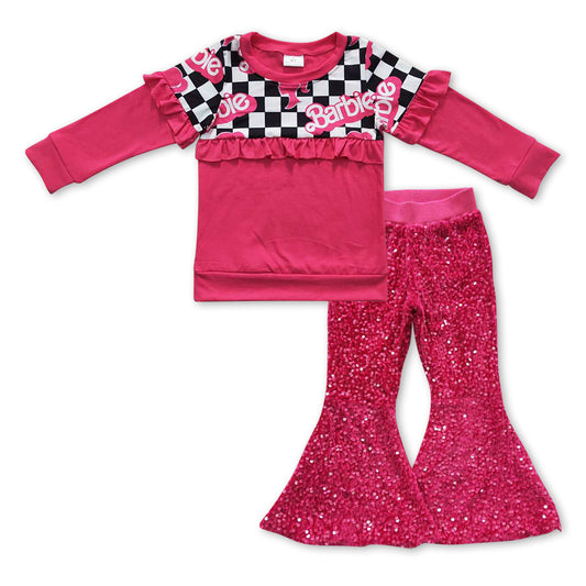 GLP0923 Hot Pink BA Checkered Print Top Sequin Bell Pants Girls Clothes Sets