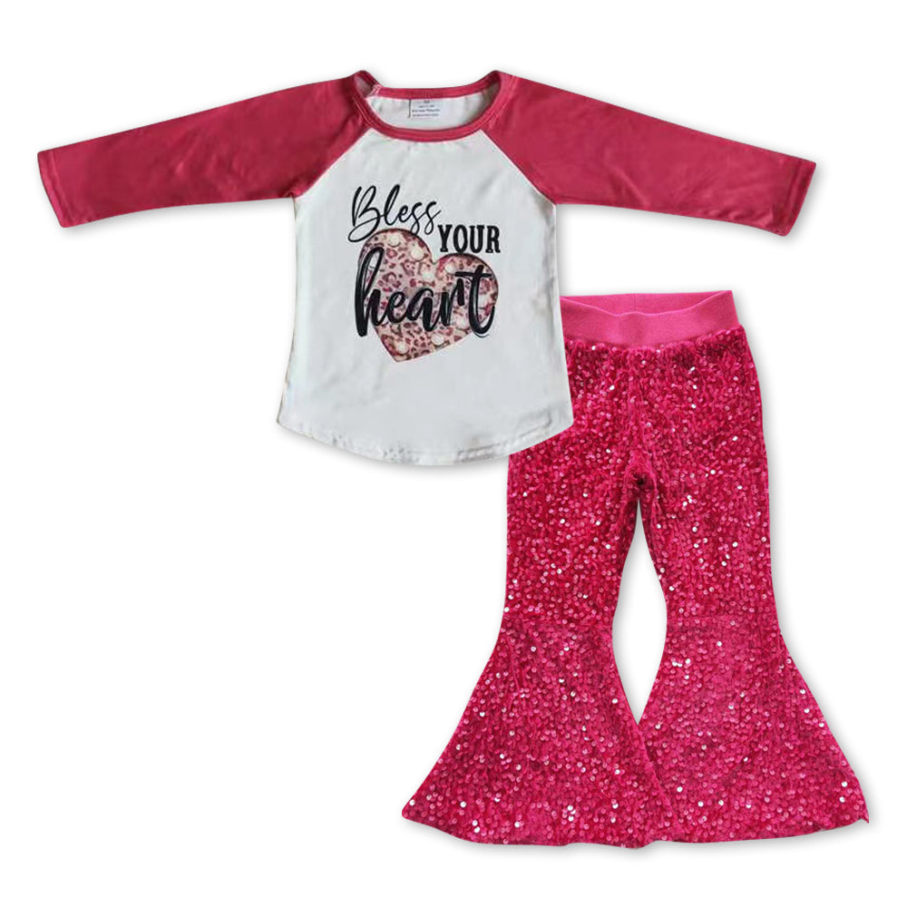 GLP0924 Bless Hearts Top Hot Pink Sequin Bell Pants Girls Valentine's Clothes Sets