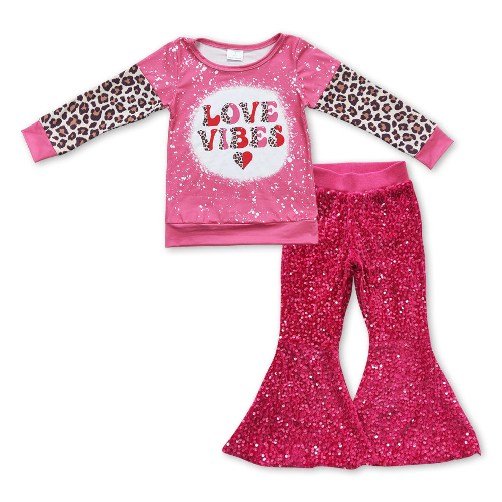 GLP0925 LOVE VIBES Leopard Top Hot Pink Sequin Bell Pants Girls Valentine's Clothes Sets