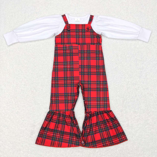 GLP0926 Christmas White Long Sleeve Tee Shirts Red Green Plaid Jumpsuits Girls Clothes Sets