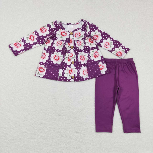 GLP0928 Purple Flowers Print Tunic Top Legging Pants Girls Clothes Set