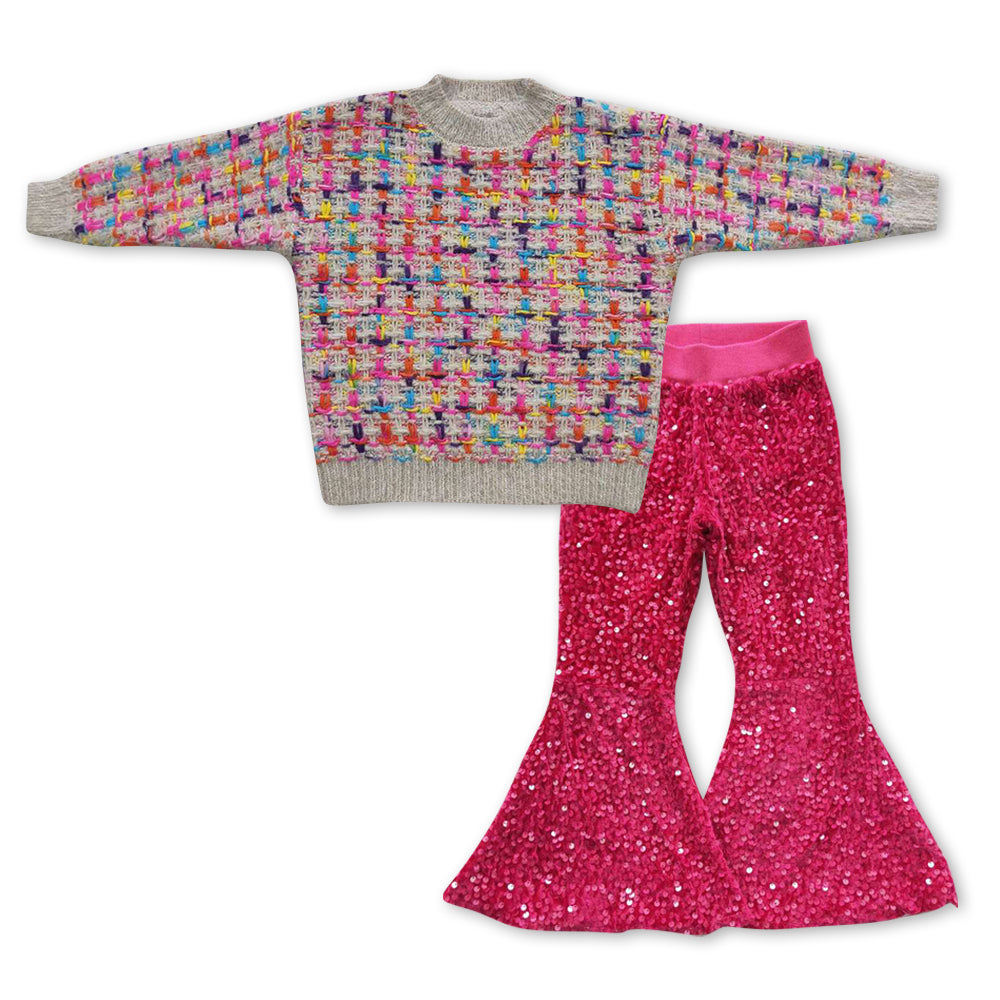 GLP0930 Colorful Sweaters Top Sequin Bell Pants Girls Clothes Sets
