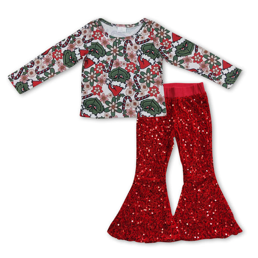 GLP0932 Christmas Green Frog Top Red Sequin Bell Pants Girls Clothes Sets