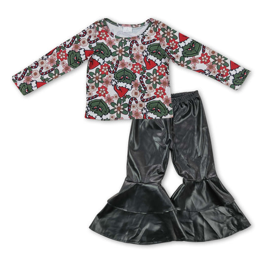 GLP0933 Christmas Green Frog Top Black Pleather Bell Pants Girls Clothes Set