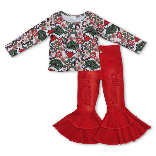 GLP0934 Christmas Green Frog Top Red Hole Denim Bell Jeans Girls Clothes Set