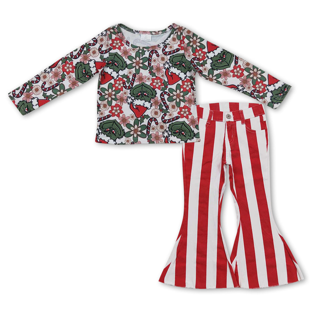 GLP0935 Christmas Green Frog Top Red White Stripes Denim Bell Jeans Girls Clothes Set