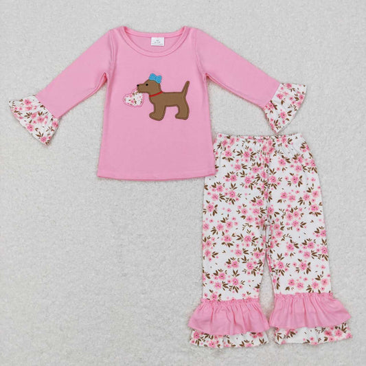 GLP0937 Pink Flowers Heart Dog Print Girls Valentine's Clothes Set