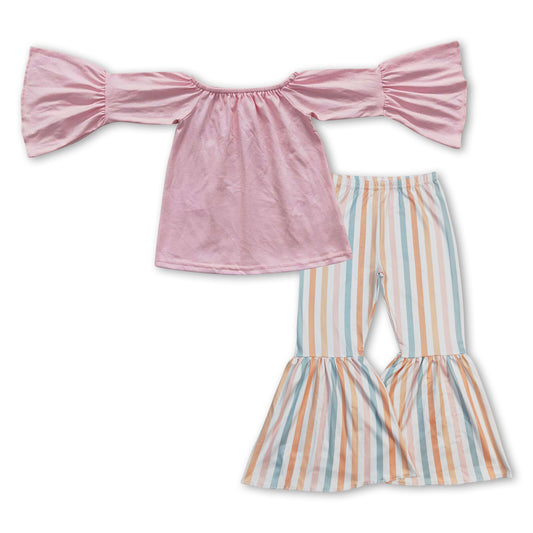 GLP0939 Pink Top Stripes Bell Pants Girls Clothes Set