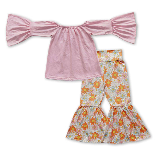 GLP0940 Pink Top Flowers Bell Pants Girls Clothes Set