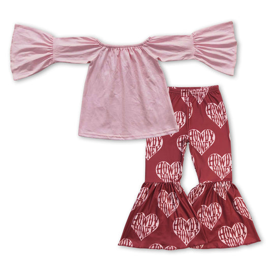 GLP0942 Pink Top HOWDY Heart Bell Pants Girls Clothes Set