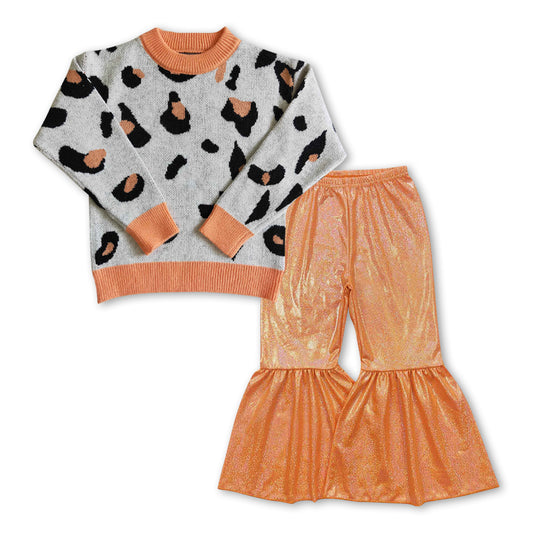 GLP0943 Orange Sweater Top Bell Pants Girls Fall Clothes Sets