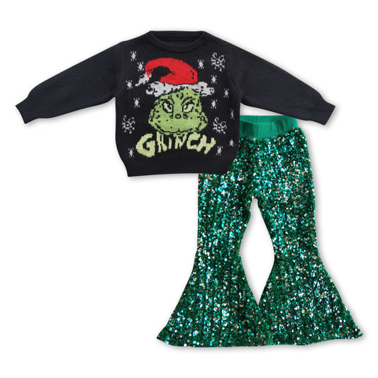 GLP0944 Black Christmas Frog Sweater Top Blue Sequin Bell Pants Girls Clothes Sets