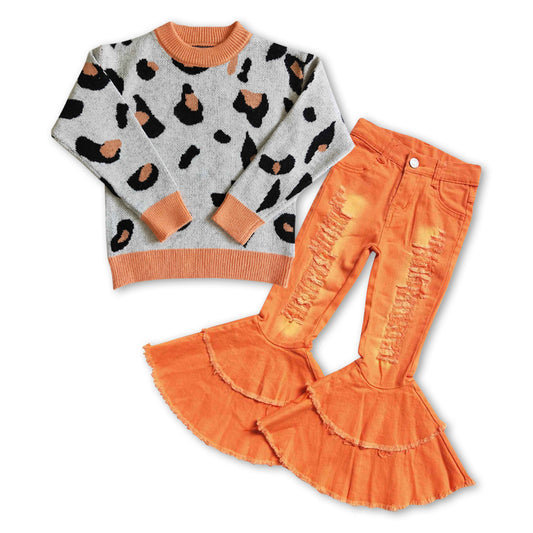 GLP0945 Orange Leopard Sweater Top Hole Denim Bell Jeans Girls Clothes Set