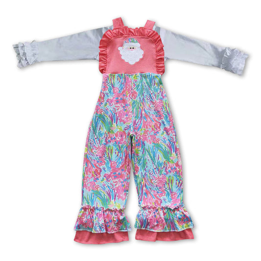 GLP0947 White Cotton Top Santa Print Overall Girls Jumpsuits Christmas Clothes Sets