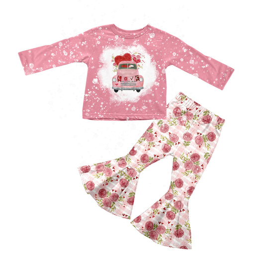 (Pre-order)GLP0952 Pink Flowers Truck Heart Print Girls Bell Pants Valentine's Clothes Set