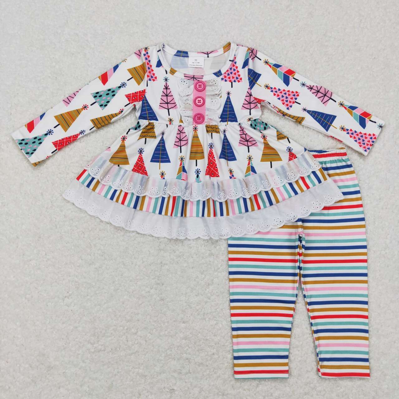 GLP0953 Colorful Christmas Tree Print Ruffles Tunic Top Legging Pants Girls Clothes Set