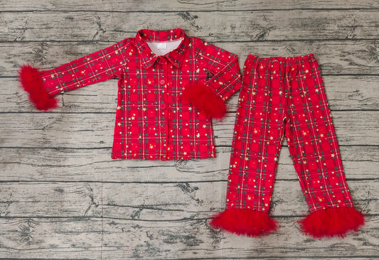 (Pre-order)GLP0956 Red Plaid Print Ruffles Girls Christmas Pajamas Clothes Set