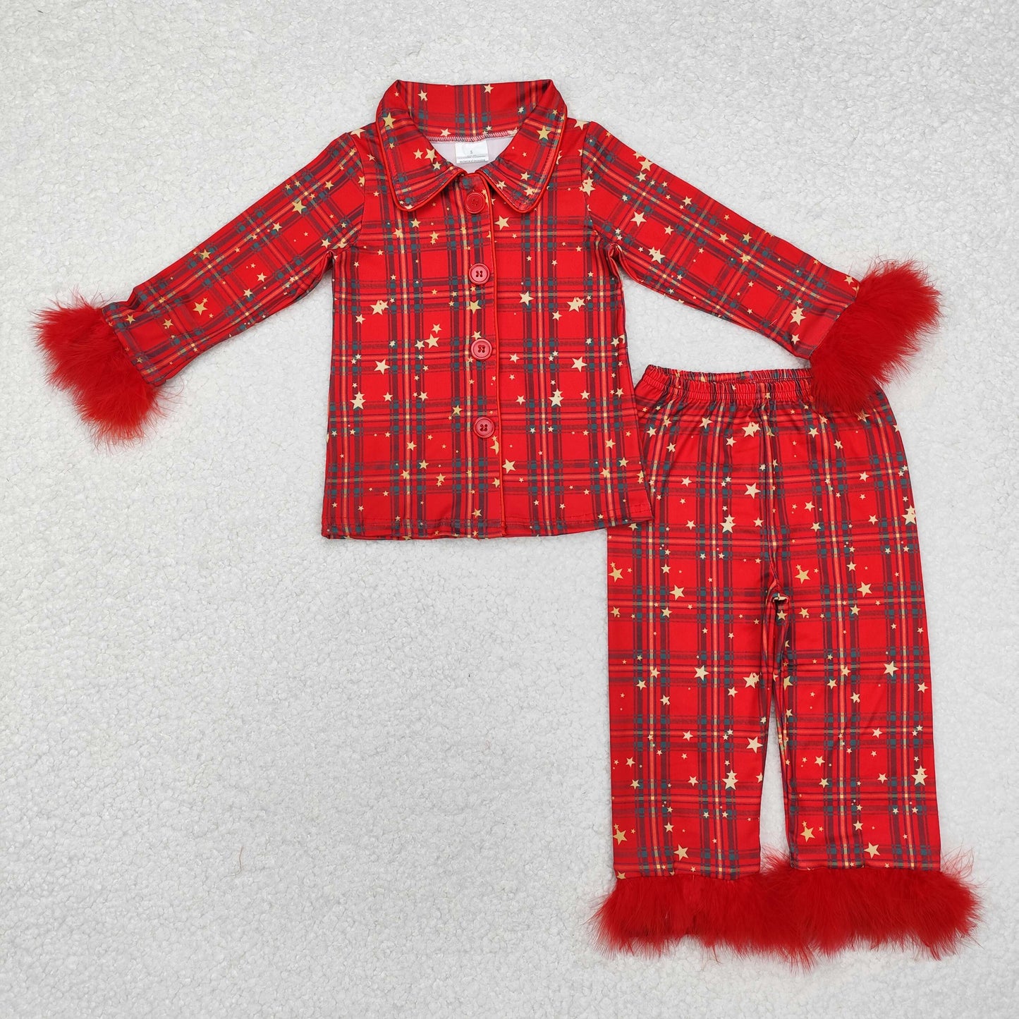 GLP0956 Red Plaid Print Ruffles Girls Christmas Buttons Fur Pajamas Clothes Set