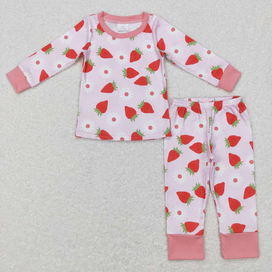 GLP0961 Pink Flowers Strawberry Print Girls Pajamas Clothes Set