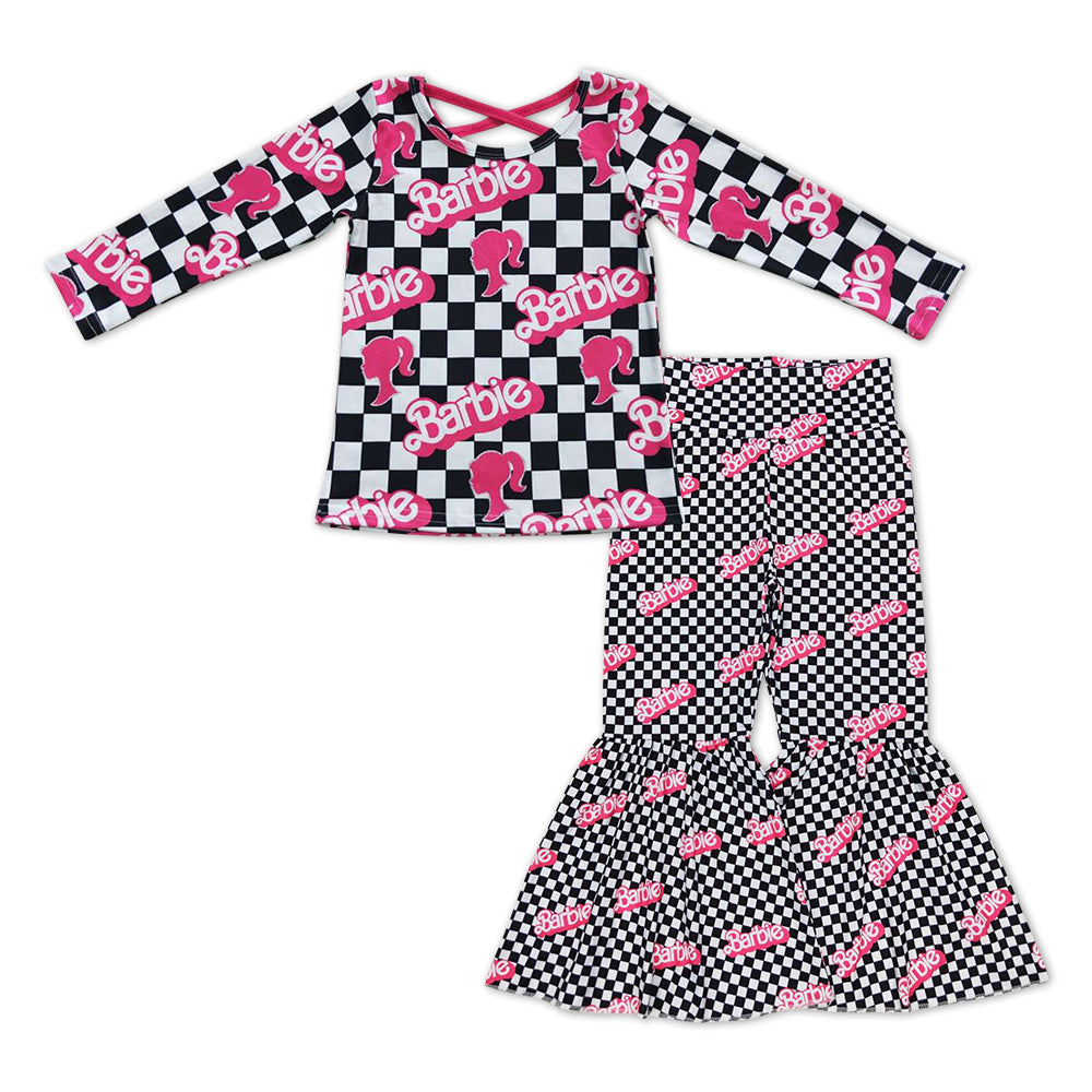 GLP0967 Pink BA Black Plaid Print Bell Pants Girls Clothes Set