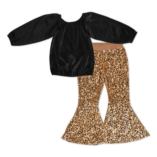 GLP0971 Black Velvet Top Gold Sequin Bell Pants Girls Clothes Sets