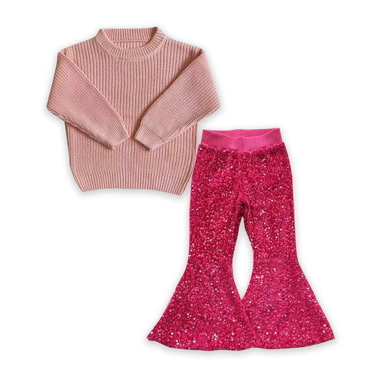 GLP0979 Pink Sweaters Top Sequin Bell Pants Girls Clothes Sets