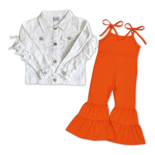 GLP0981 White Denim Jackets Top Orange Jumpsuits Girls 2pcs Clothes Sets