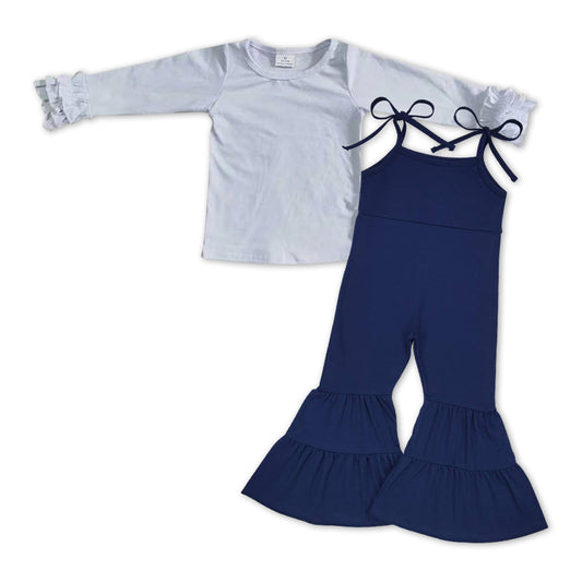 GLP0982 White Top Navy Overall Girls Jumpsuits 2 pcs Clothes Set