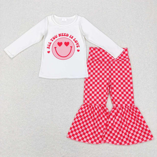 GLP0986 All You Need Is LOVE Smiling Top Pink Plaid Bell Pants Girls Valentine's Clothes Set