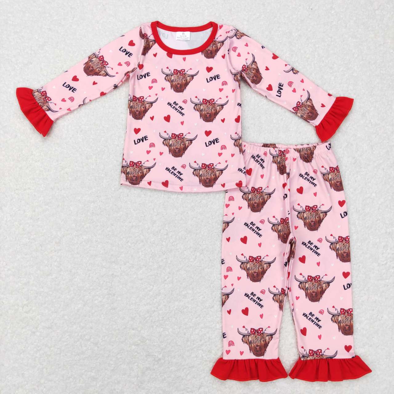 GLP0998 Highland Cow Heart Love Print Girls Valentine's Clothes Set