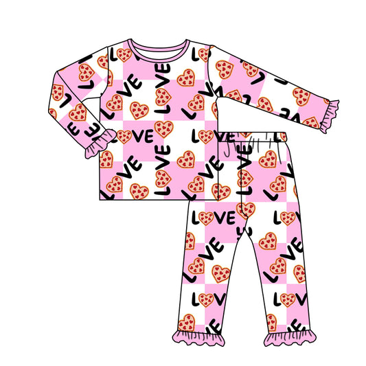 (Pre-order)GLP1000 Pink Plaid Love Heart Pizza Print Girls Valentine's Pajamas Clothes Set