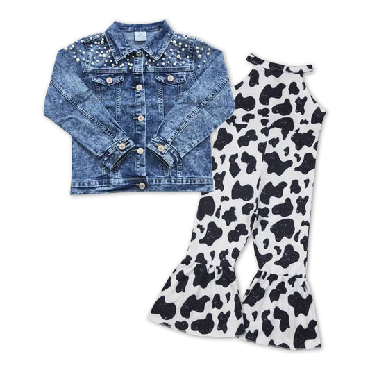GLP1001 Blue Denim Pearl Jacket Top Cow Jumpsuits Girls 2pcs Clothes Sets