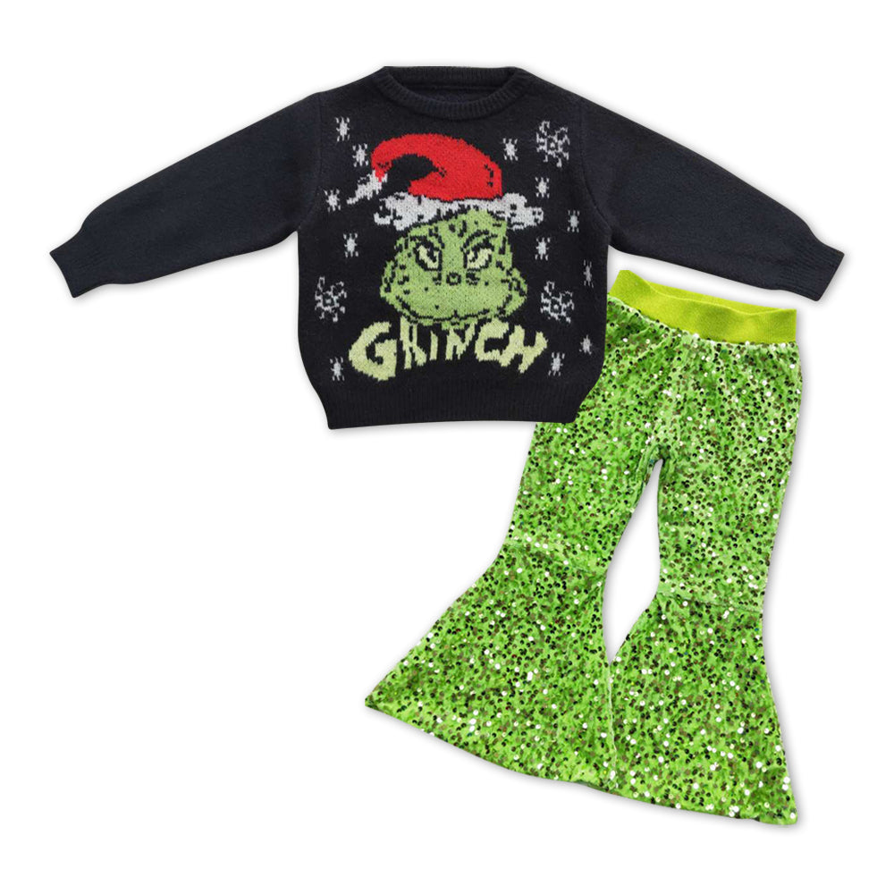 GLP1005 Christmas Frog Print Black Sweater Top Sequin Bell Pants Girls Clothes Set