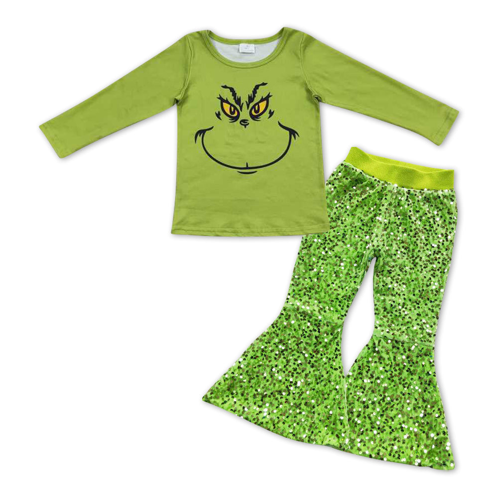 GLP1006 Green Christmas Frog Top Sequin Bell Pants Girls Clothes Sets