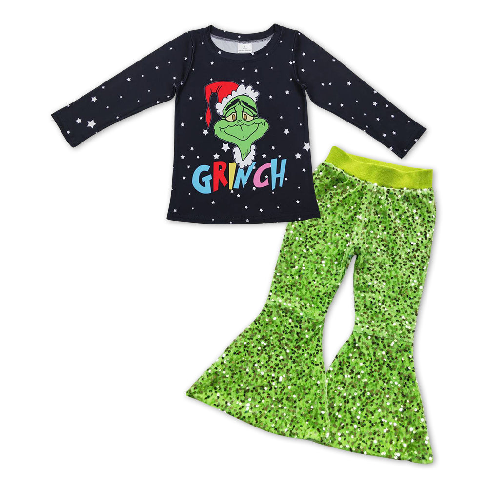 GLP1007 Christmas Frog Black Top Sequin Bell Pants Girls Clothes Sets