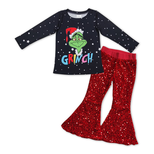 GLP1008 Christmas Frog Black Top Red Sequin Bell Pants Girls Clothes Sets