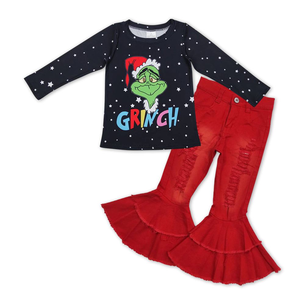 GLP1010 Christmas Frog Black Top Red Denim Bell Jeans Girls Clothes Set